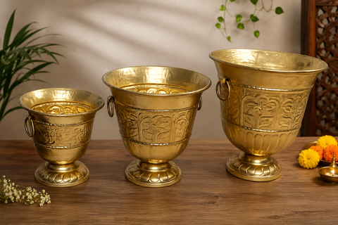 “Traditional Brass Urli Bowl Set with Handles – Decorative Brass Urli for Home Décor & Pooja”