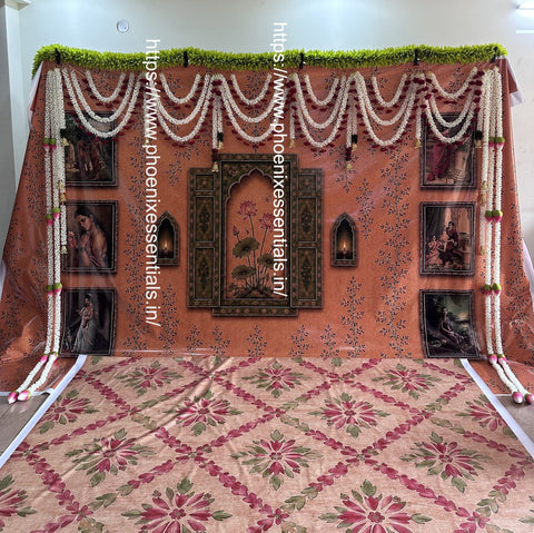 Royal Mogra Garland Wedding Backdrop | Traditional Floral Wall Decoration Background for Haldi, Mehendi, Wedding & Photography with Royal green leaf  Border