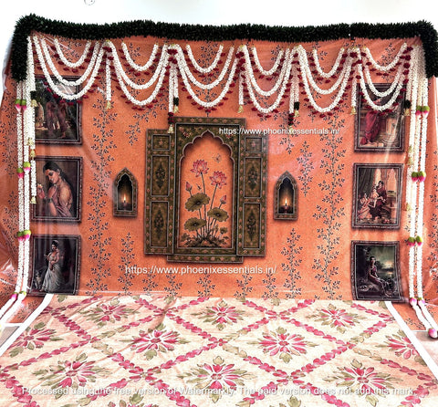 Royal Mogra Garland Wedding Backdrop | Traditional Floral Wall Decoration Background for Haldi, Mehendi, Wedding & Photography with Royal  leaf  Border