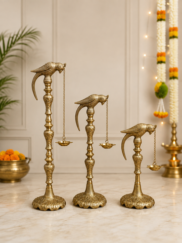 Antique Brass Parrot Hanging Diya Stand