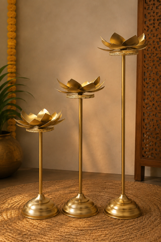 Brass Lotus Floor Candle Holder Set of 3