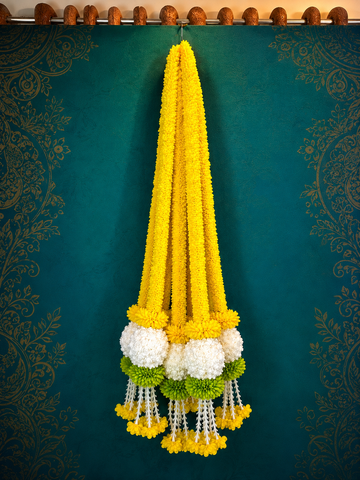 Artificial Marigold Flower Hanging with White Rose Ball Tassels for Home Decor | Wedding ,Pooja Decoration| pack of 4/ 5 FEET