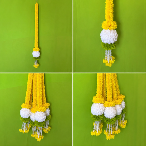 Artificial Marigold Flower Hanging with White Rose Ball Tassels for Home Decor | Wedding ,Pooja Decoration| pack of 4/ 5 FEET
