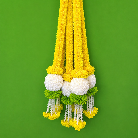 Artificial Marigold Flower Hanging with White Rose Ball Tassels for Home Decor || pack of 2