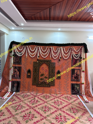 Royal Mogra Garland Wedding Backdrop | Traditional Floral Wall Decoration Background for Haldi, Mehendi, Wedding & Photography with Royal  leaf  Border